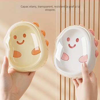 Cutie pentru săpun cu design cartoon, cu două niveluri, capac și drenaj, pentru blat de baie