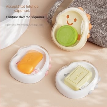Cutie pentru săpun cu design cartoon, cu două niveluri, capac și drenaj, pentru blat de baie