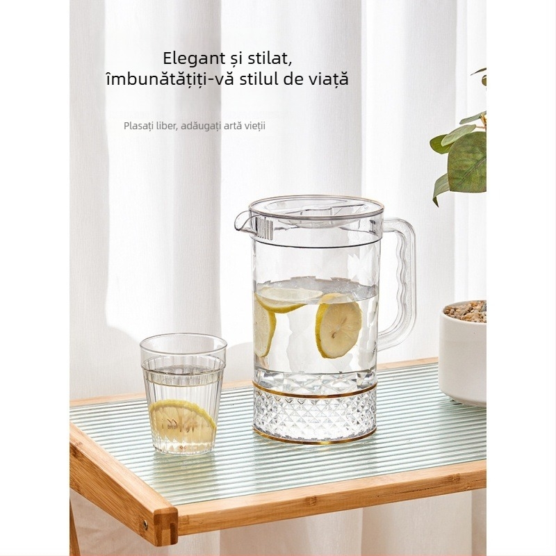 Recipient din plastic transparent, capacitate mare, pentru sucuri și băuturi reci, cu margine aurie și model glaciar, însoțit de tavă pentru cești