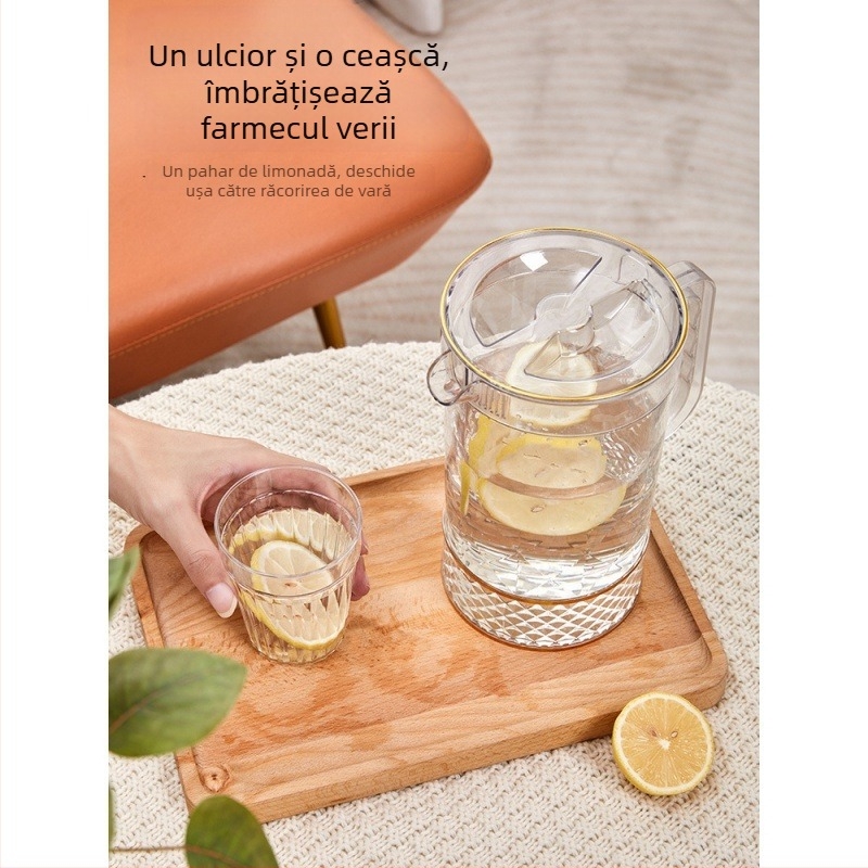 Recipient din plastic transparent, capacitate mare, pentru sucuri și băuturi reci, cu margine aurie și model glaciar, însoțit de tavă pentru cești