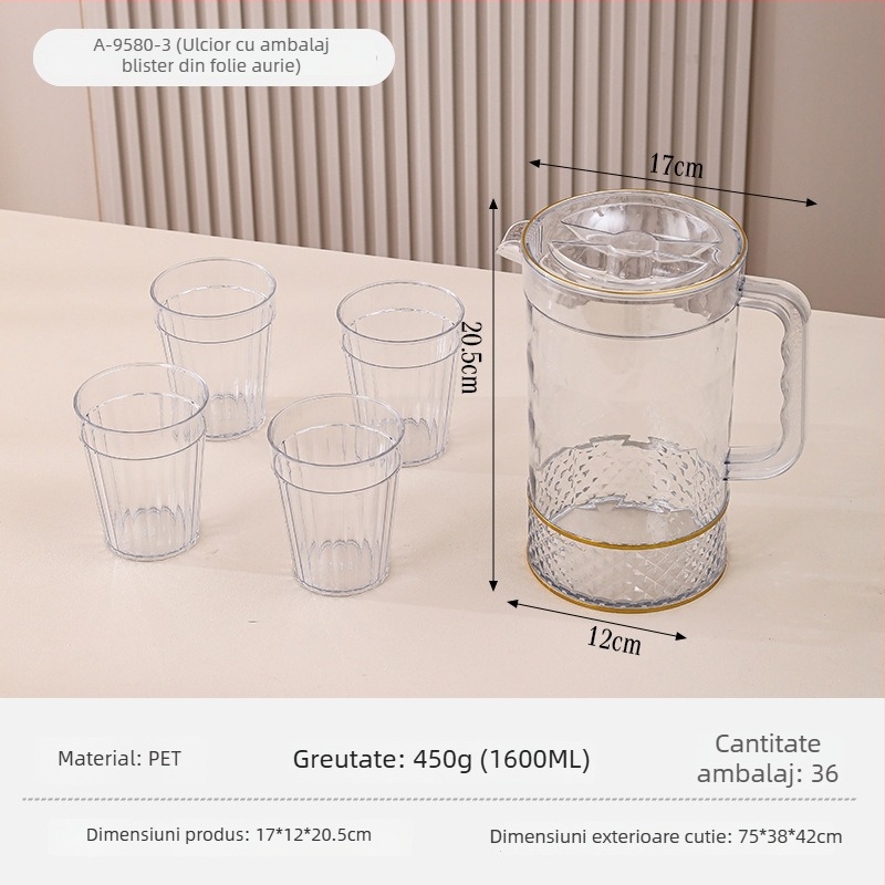 Recipient din plastic transparent, capacitate mare, pentru sucuri și băuturi reci, cu margine aurie și model glaciar, însoțit de tavă pentru cești