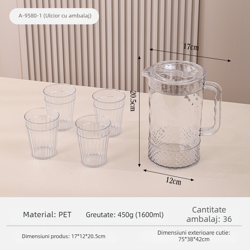 Recipient din plastic transparent, capacitate mare, pentru sucuri și băuturi reci, cu margine aurie și model glaciar, însoțit de tavă pentru cești