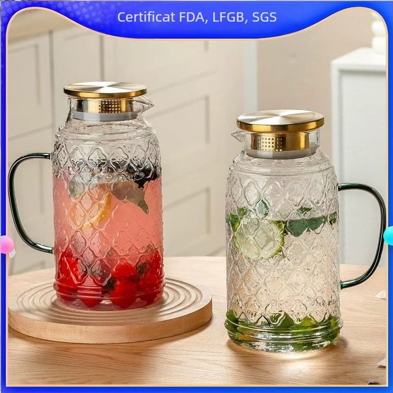 Carafă din sticlă, stil european retro, pentru apă rece și suc, cu motiv begonie, capacitate mare, rezistentă la spargere