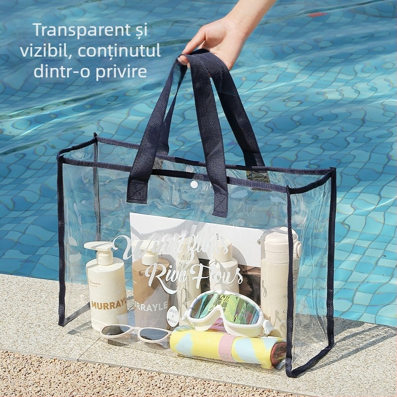 Geantă de plajă transparentă, impermeabilă, cu mare capacitate și mâner, pentru plajă, înot și produse de igienă