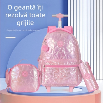 Set de trei piese pentru copii: ghiozdan cu rotile, penar cu ciucuri, capacitate mare, primăvară-vară