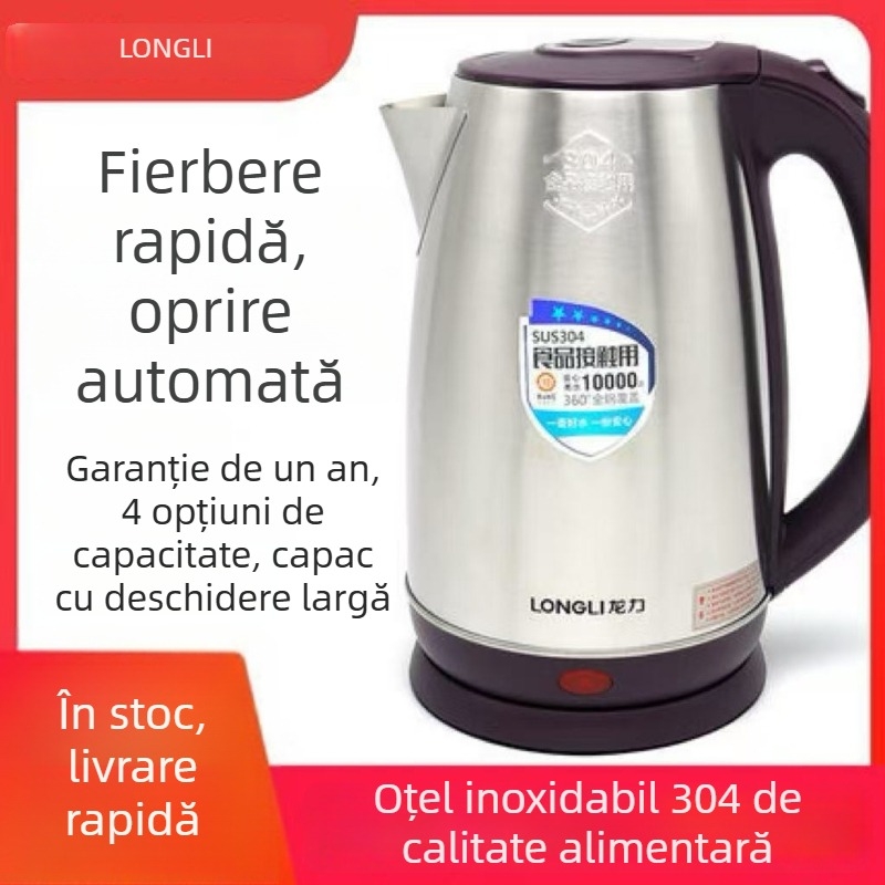 Fierbător electric Longli, 2,5 L, din oțel inoxidabil 304, anti-arsură, întrerupere automată, încălzire rapidă, 1500–2000W, bază 360°