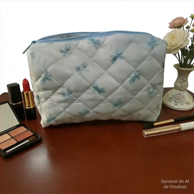Geantă de cosmetică quilted pentru călătorii, organizator portabil cu mare capacitate pentru ruj și alte produse cosmetice