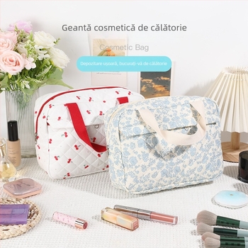 Geantă de depozitare quiltată, mare capacitate pentru machiaj și produse de igienă, organizator de călătorie portabil cu compartimente