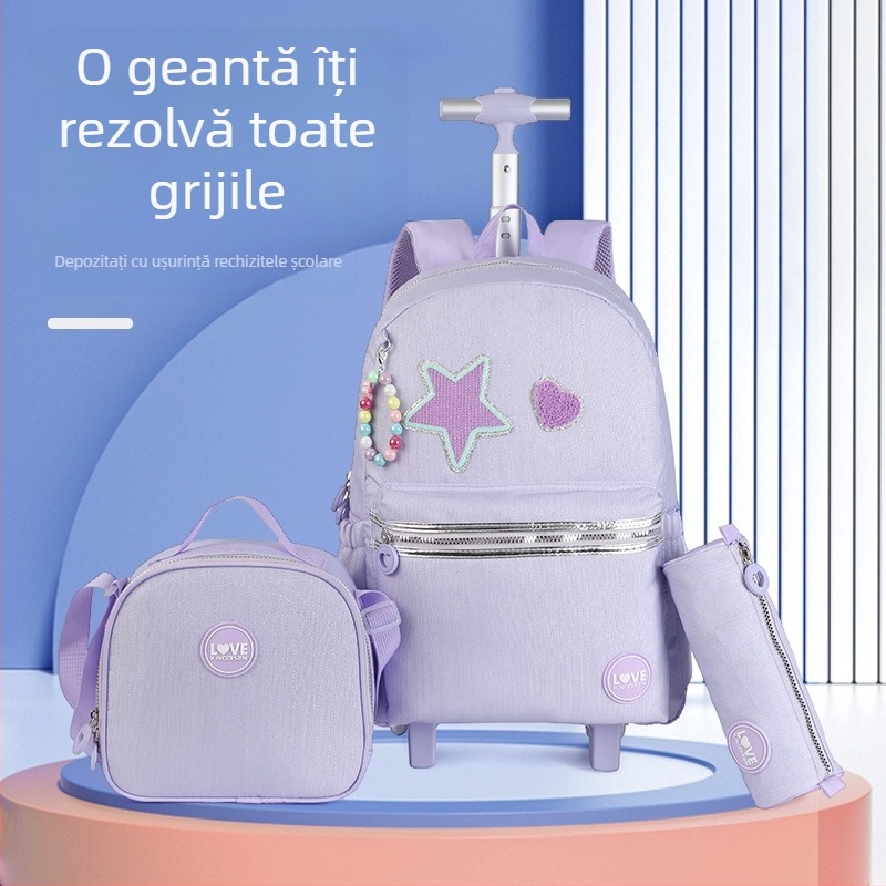 Set de trei piese pentru rucsac școlar cu roți, în culori contrastante – rucsac, geantă de prânz și penar, unisex, design casual