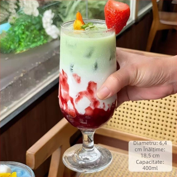 Pahar de sticlă cu design căpșună pentru băuturi, transparent, cu pai