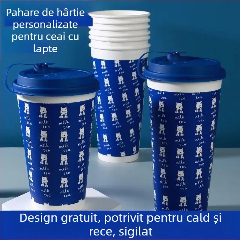 Pahar de hârtie gros, o singură utilizare, cu capac, pentru băuturi calde și reci, personalizare logo, cafea, ceai cu lapte și lapte de soia
