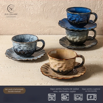 Set de cești de cafea din ceramică, coapte în cuptor, cu textură retro realizată manual – cești de cafea pentru cuplu