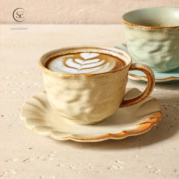 Set de cești de cafea din ceramică, coapte în cuptor, cu textură retro realizată manual – cești de cafea pentru cuplu