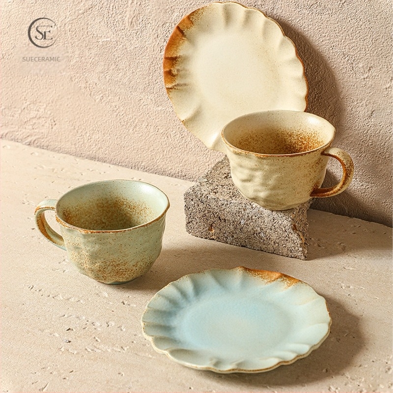 Set de cești de cafea din ceramică, coapte în cuptor, cu textură retro realizată manual – cești de cafea pentru cuplu