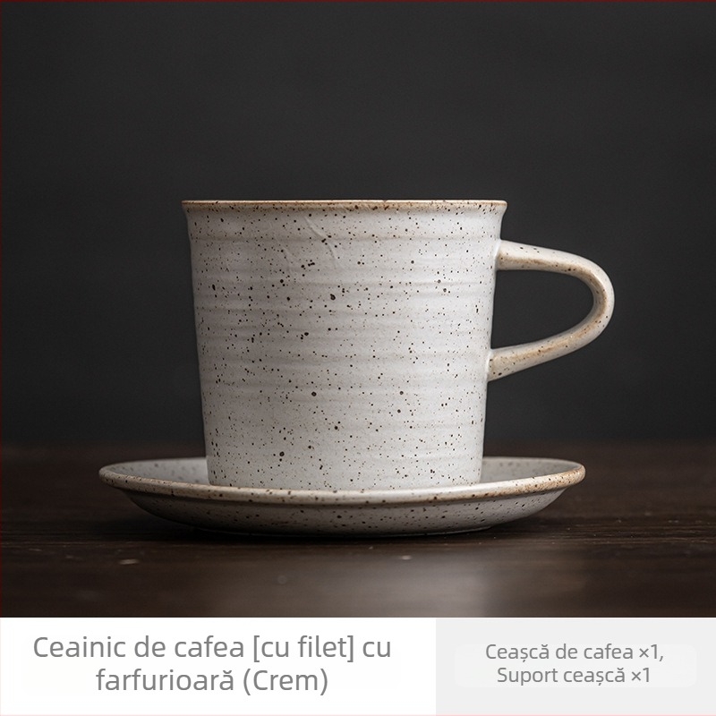 Set ceramic pentru cafea cu ceașcă și farfuriu – stil japonez, ceramică rustică, vintage minimalistă, lucrat manual