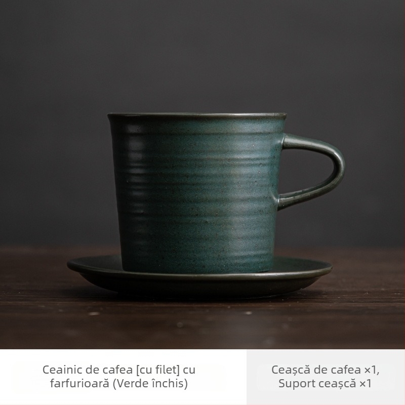 Set ceramic pentru cafea cu ceașcă și farfuriu – stil japonez, ceramică rustică, vintage minimalistă, lucrat manual