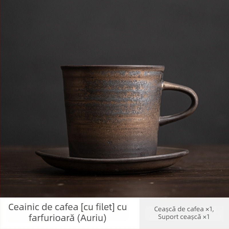 Set ceramic pentru cafea cu ceașcă și farfuriu – stil japonez, ceramică rustică, vintage minimalistă, lucrat manual