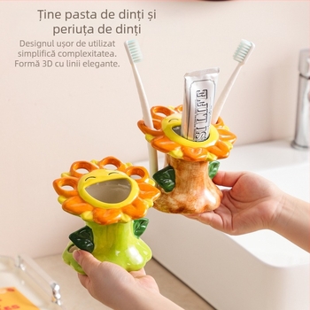 Suport ceramic pentru periuțe și pastă de dinți pentru baie, design cu floarea-soarelui