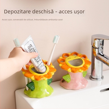 Suport ceramic pentru periuțe și pastă de dinți pentru baie, design cu floarea-soarelui