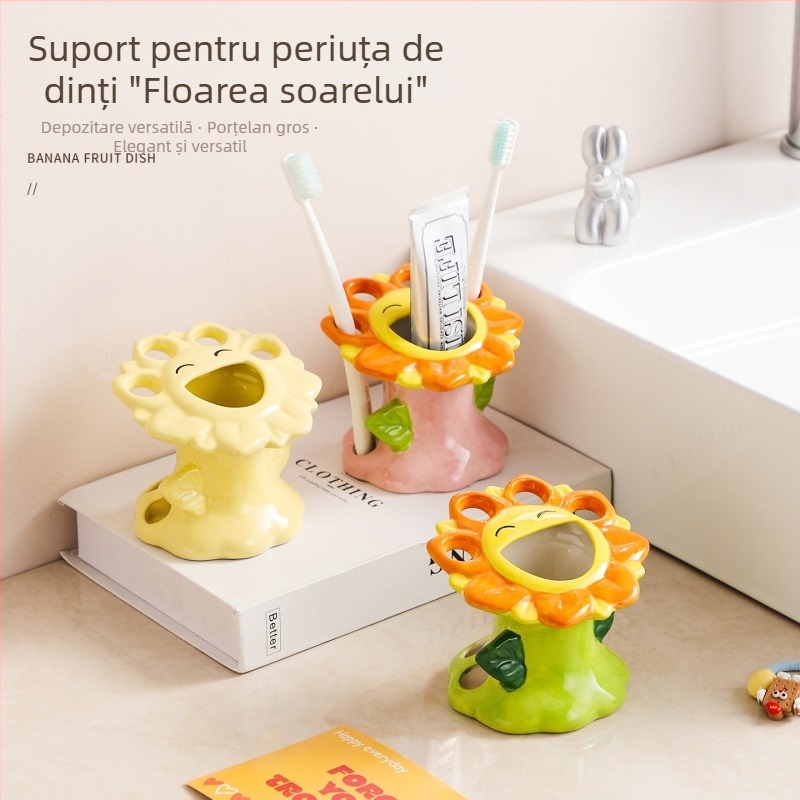 Suport ceramic pentru periuțe și pastă de dinți pentru baie, design cu floarea-soarelui