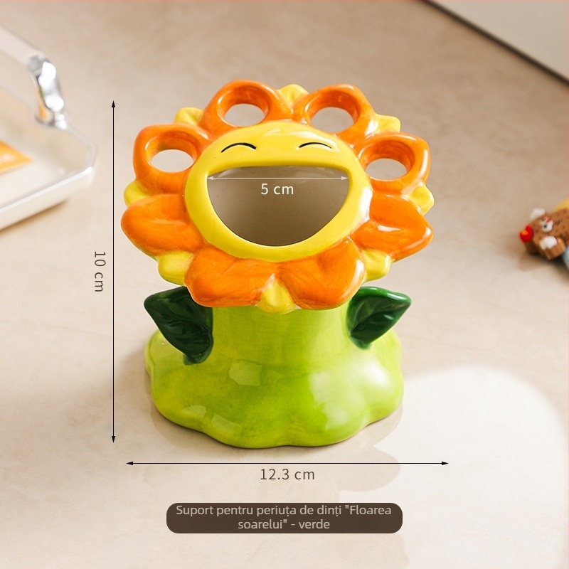 Suport ceramic pentru periuțe și pastă de dinți pentru baie, design cu floarea-soarelui