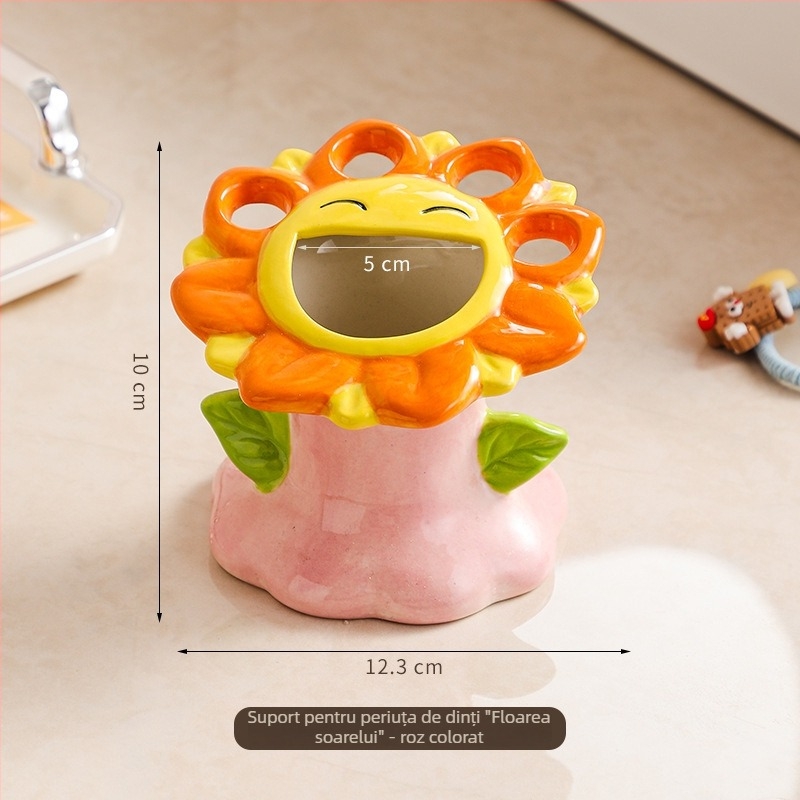 Suport ceramic pentru periuțe și pastă de dinți pentru baie, design cu floarea-soarelui
