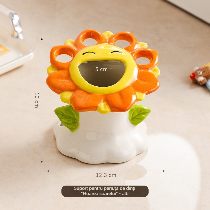 Suport ceramic pentru periuțe și pastă de dinți pentru baie, design cu floarea-soarelui
