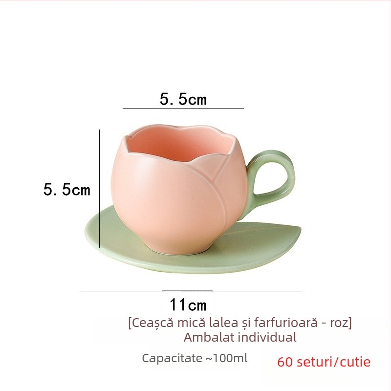 Set ceramic cești de cafea cu farfurioară, în stil japonez, cu motiv de lalea