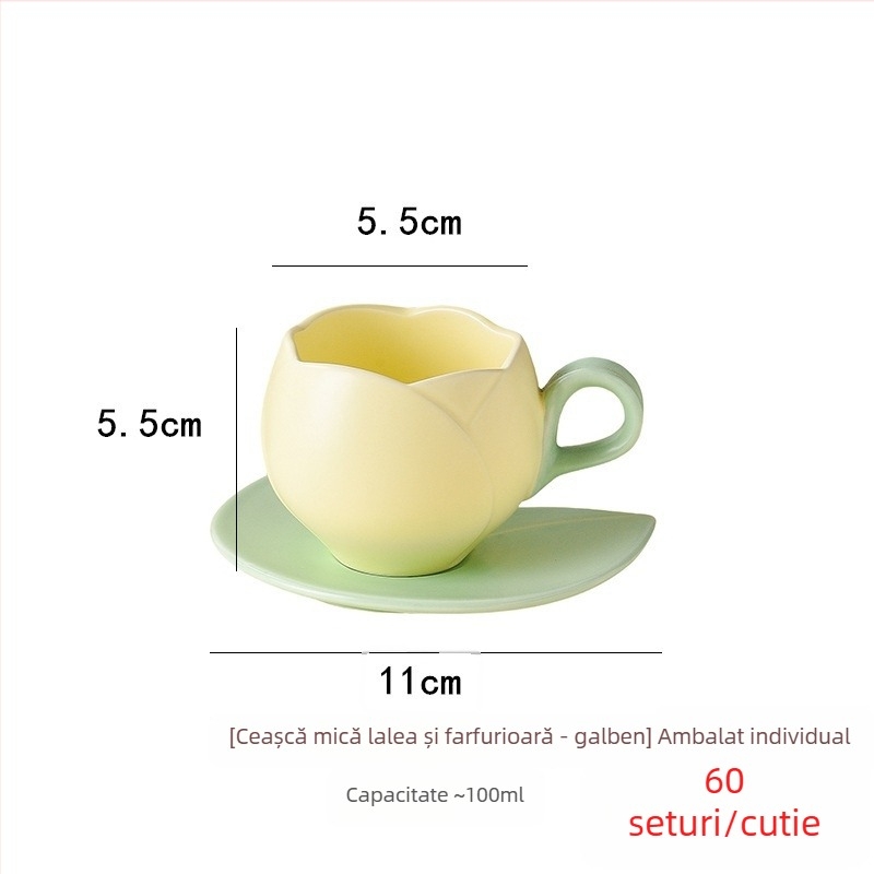 Set ceramic cești de cafea cu farfurioară, în stil japonez, cu motiv de lalea