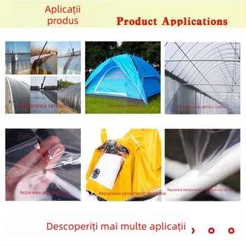 Bandă pentru repararea membranei de seră, impermeabilă, rezistentă la temperaturi înalte, translucide albă sau albastră, suport PE, grosime 0,6 mm, lățime 4–30 cm, 50 m lungime, rolă mare