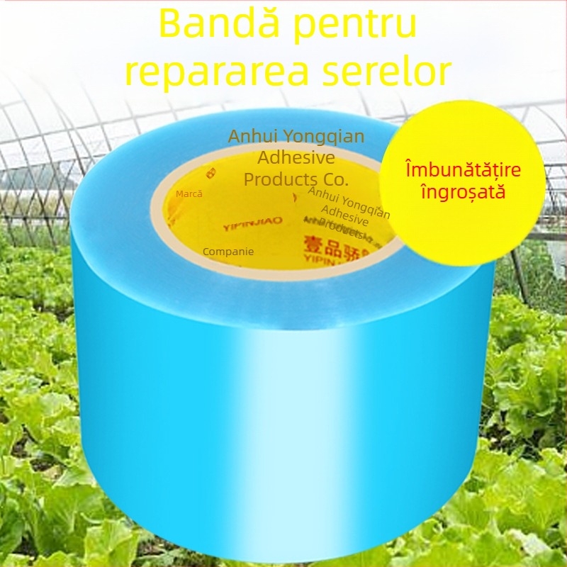 Bandă pentru repararea membranei de seră, impermeabilă, rezistentă la temperaturi înalte, translucide albă sau albastră, suport PE, grosime 0,6 mm, lățime 4–30 cm, 50 m lungime, rolă mare