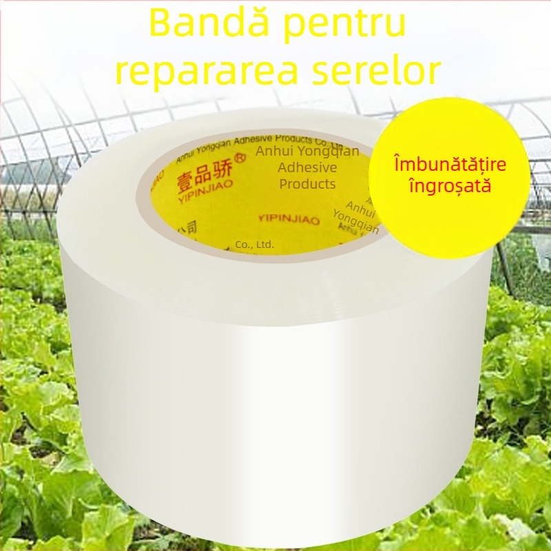 Bandă pentru repararea membranei de seră, impermeabilă, rezistentă la temperaturi înalte, translucide albă sau albastră, suport PE, grosime 0,6 mm, lățime 4–30 cm, 50 m lungime, rolă mare