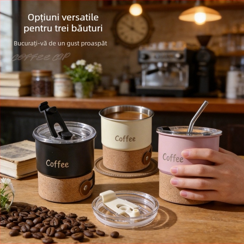 Ceașcă de cafea din oțel inoxidabil 304, cu capac și pai, design elegant, ușor lux, potrivită pentru călătorii, set etanș, calitate superioară