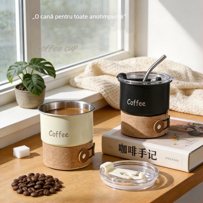 Ceașcă de cafea din oțel inoxidabil 304, cu capac și pai, design elegant, ușor lux, potrivită pentru călătorii, set etanș, calitate superioară