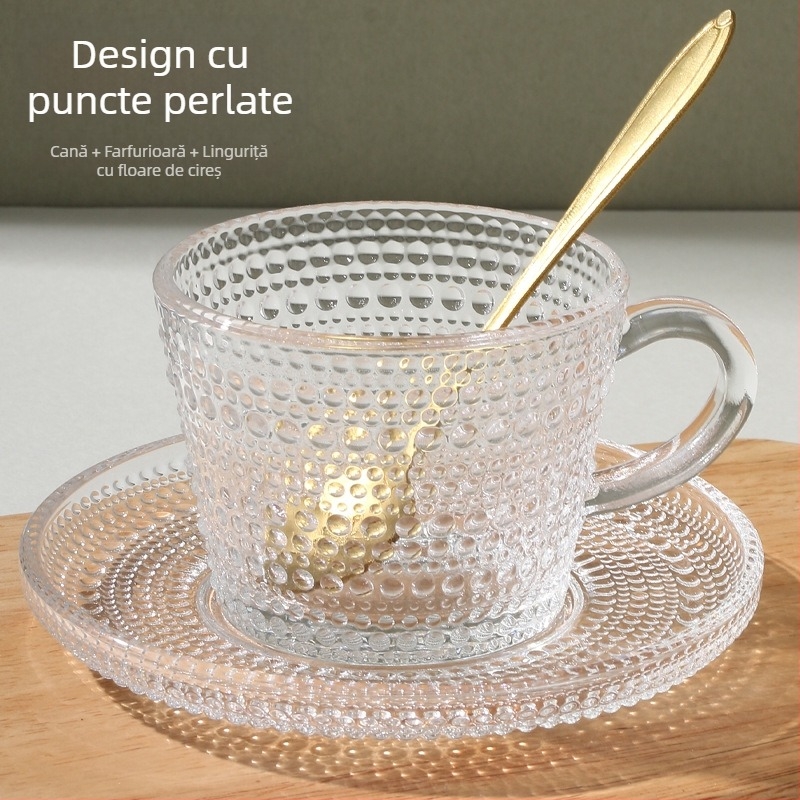 Set de ceașcă de cafea din sticlă cu farfuriu și linguriță, farfurie pentru desert cu margine aurie, pentru uz casnic