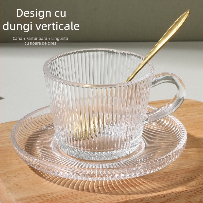 Set de ceașcă de cafea din sticlă cu farfuriu și linguriță, farfurie pentru desert cu margine aurie, pentru uz casnic