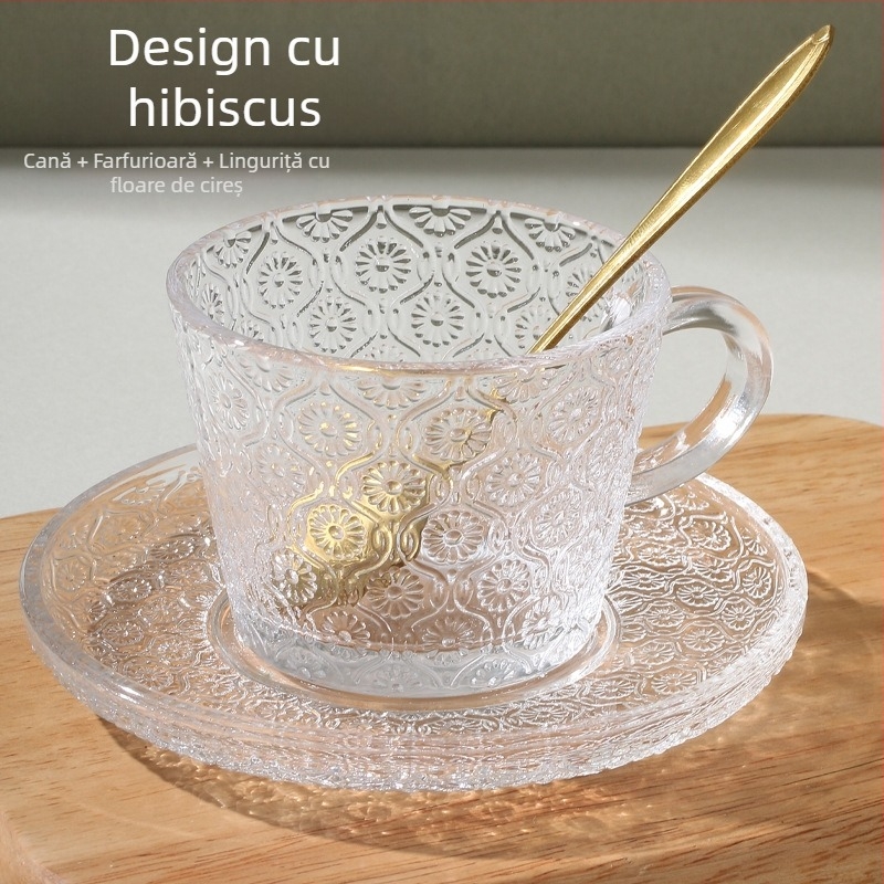 Set de ceașcă de cafea din sticlă cu farfuriu și linguriță, farfurie pentru desert cu margine aurie, pentru uz casnic