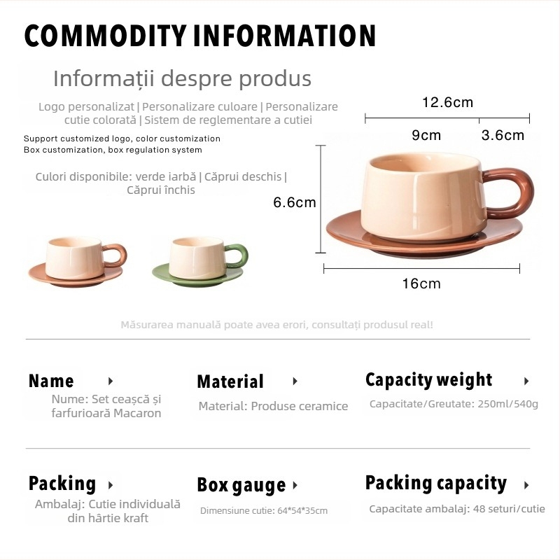 Set de cești și farfurioare din ceramică în stil nordic, cu un aer discret de lux pentru uz casnic – cești latte cafea