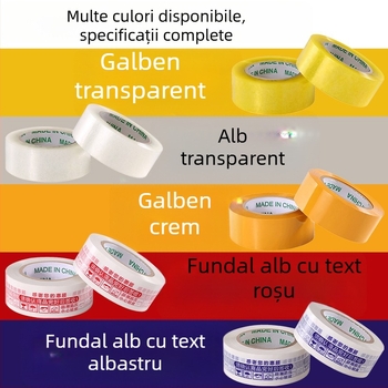 Bandă BOPP pentru sigilare, tambur mare, fundal alb cu text albastru, lățime 4,5 cm, pentru ambalare și logistică