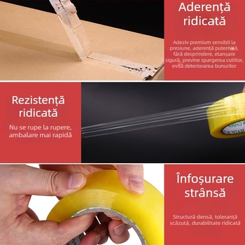 Bandă BOPP pentru sigilare, tambur mare, fundal alb cu text albastru, lățime 4,5 cm, pentru ambalare și logistică
