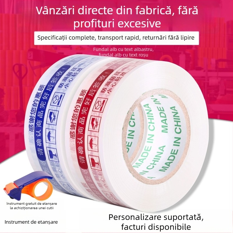 Bandă BOPP pentru sigilare, tambur mare, fundal alb cu text albastru, lățime 4,5 cm, pentru ambalare și logistică