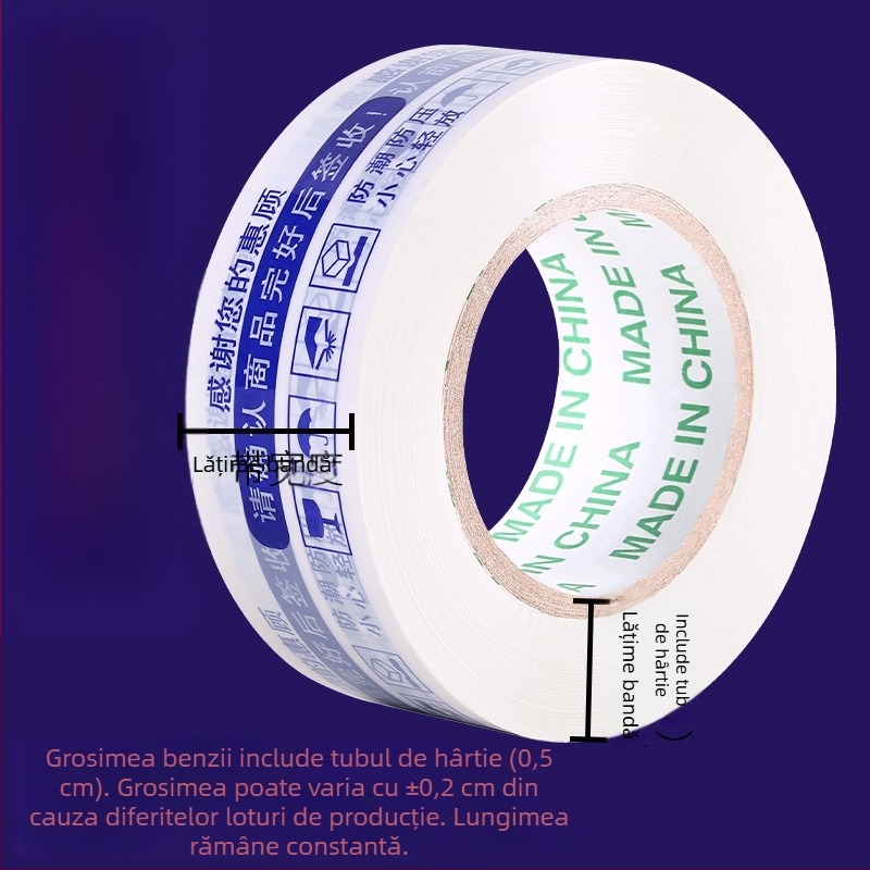 Bandă BOPP pentru sigilare, tambur mare, fundal alb cu text albastru, lățime 4,5 cm, pentru ambalare și logistică