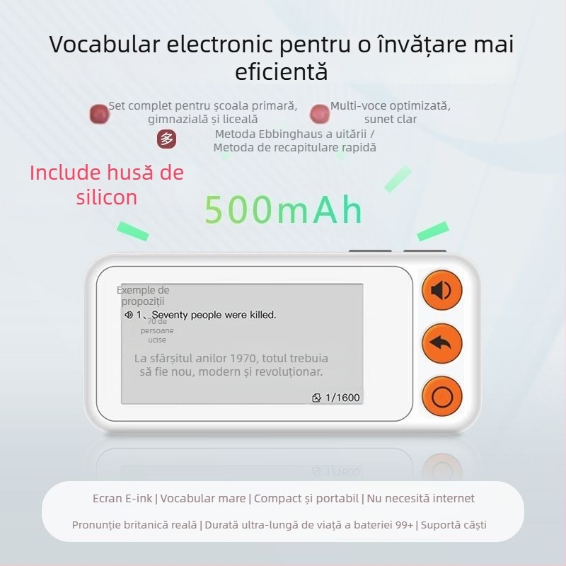 Dispozitiv de învățare a cuvintelor în limba engleză cu carduri, pronunție reală, afișaj E Ink, offline