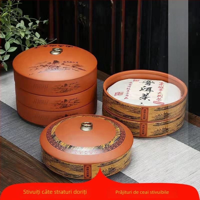 Recipient de ceai din ceramică cu nisip violet pentru prăjitură de ceai Pu'er, stivuibil, 357 g, stil retro luxos