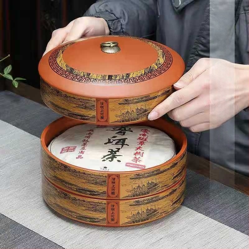 Recipient de ceai din ceramică cu nisip violet pentru prăjitură de ceai Pu'er, stivuibil, 357 g, stil retro luxos