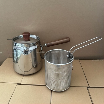 Friteuză Mino Home din oțel inoxidabil 304 pentru uz casnic, înaltă și adâncă, cu strecurătoare și mâner din lemn de nuc
