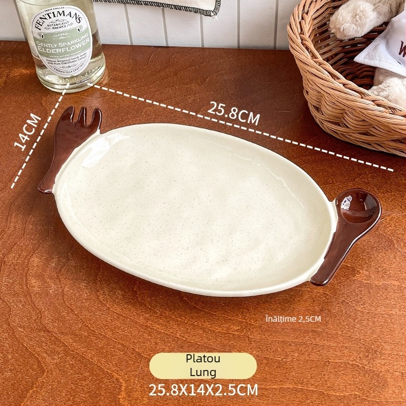 Set de farfurii de desert și boluri de orez din ceramică maro, cu o farfurie adâncă, stil drăguț pentru mese ușoare, inclusiv o farfurie pentru salată și un bol de iaurt