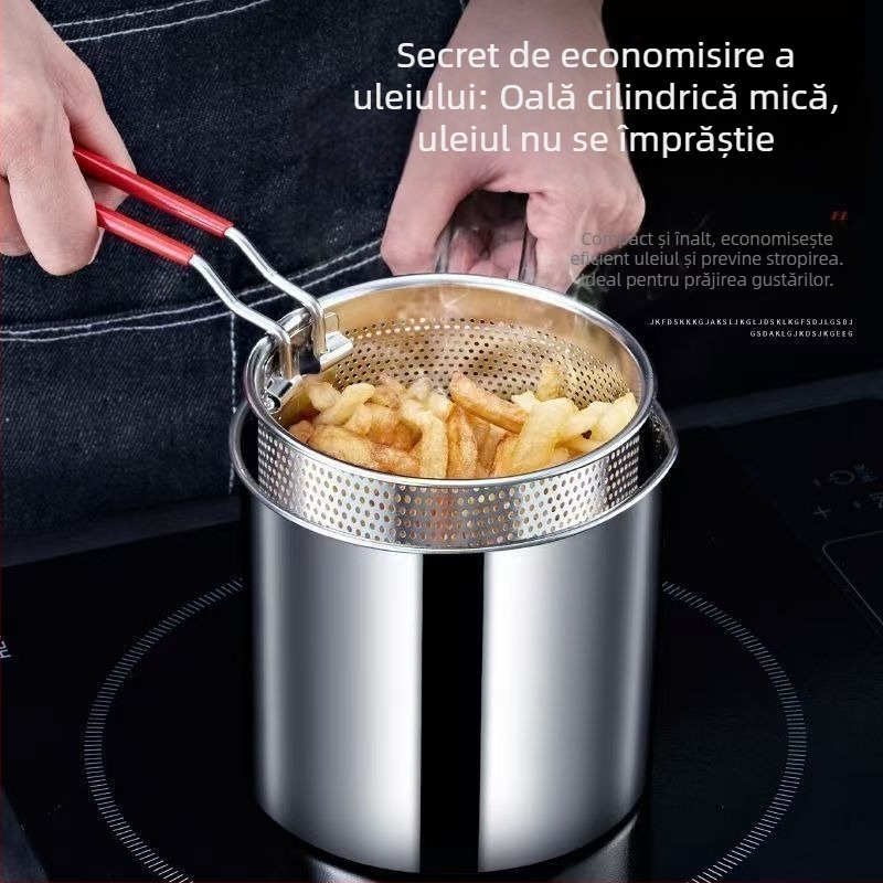Tigaie din oțel inoxidabil, multifuncțională pentru prăjit, uz casnic, mică cu coș de prăjit și capac, compatibilă cu inducția, compactă și economie de ulei