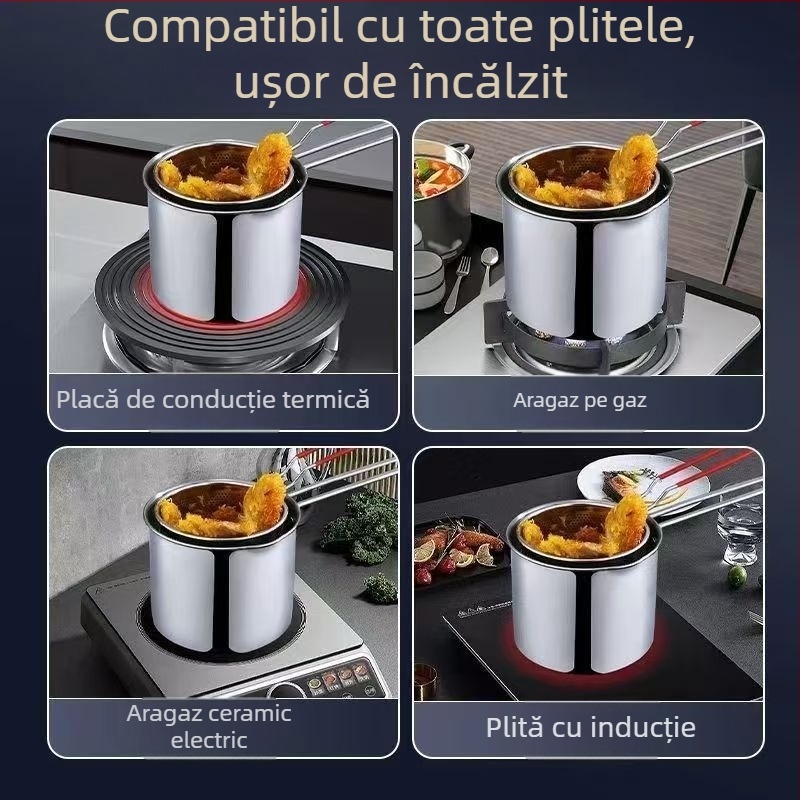 Tigaie din oțel inoxidabil, multifuncțională pentru prăjit, uz casnic, mică cu coș de prăjit și capac, compatibilă cu inducția, compactă și economie de ulei