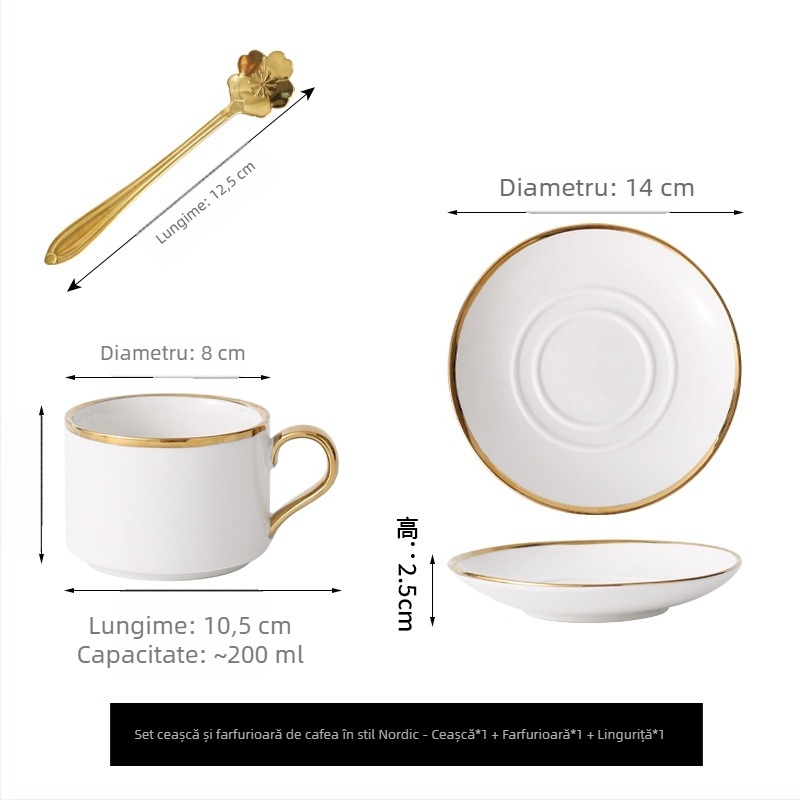 Set ceramic pentru cafea cu farfurioară, în stil nordic, cu margine auriu – elegant, minimalist, pentru uz casnic și ceai de după-amiază